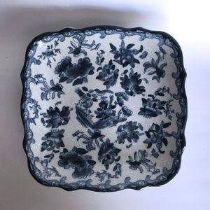 Square Footed Dish Blue White Floral Crackle Glaze